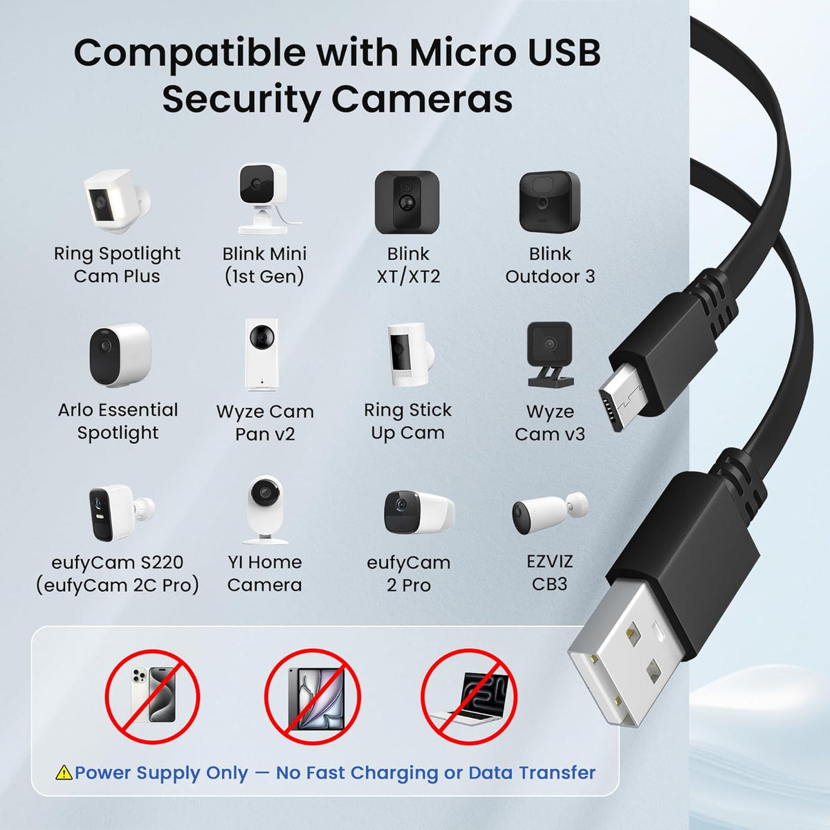 Flat USB a to Micro USB Power Extension Cable 30FT/9M 2Pack,Black