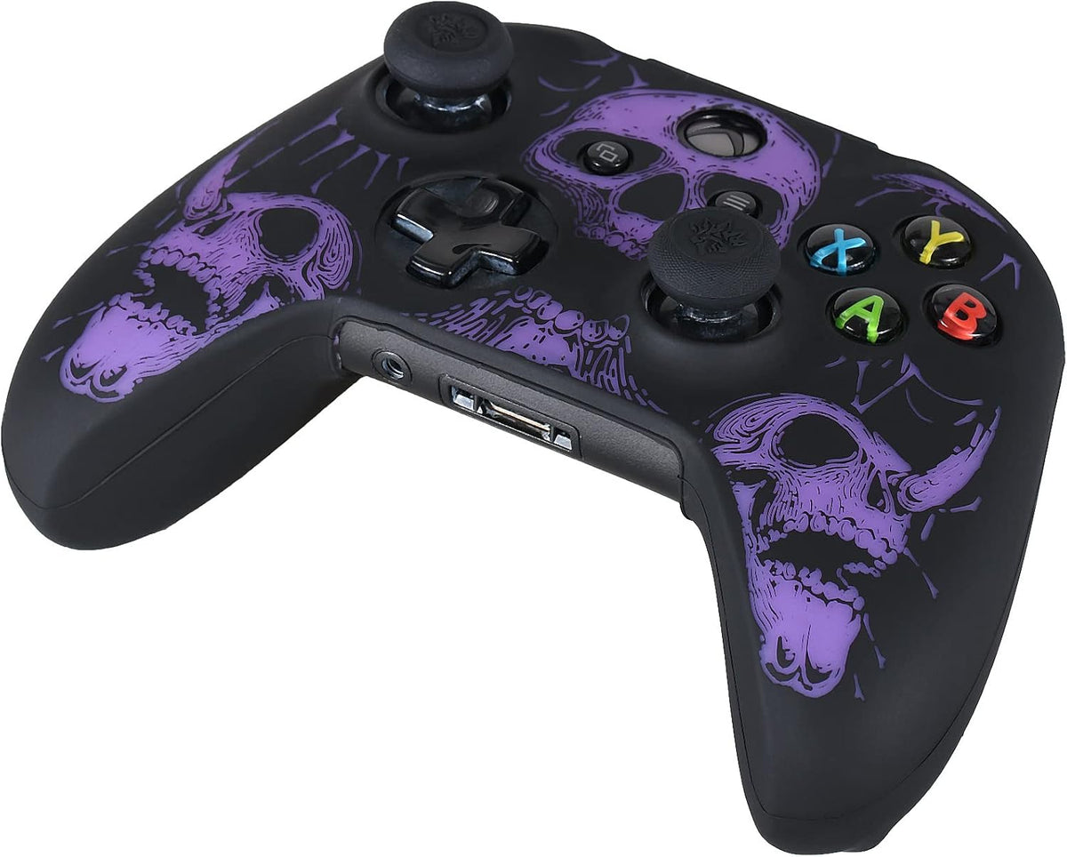 Laser Carving Silicone Skin for Xbox One S/X Controller X 1(Skulls Purple) with Exclusive Thumb Grips X 8