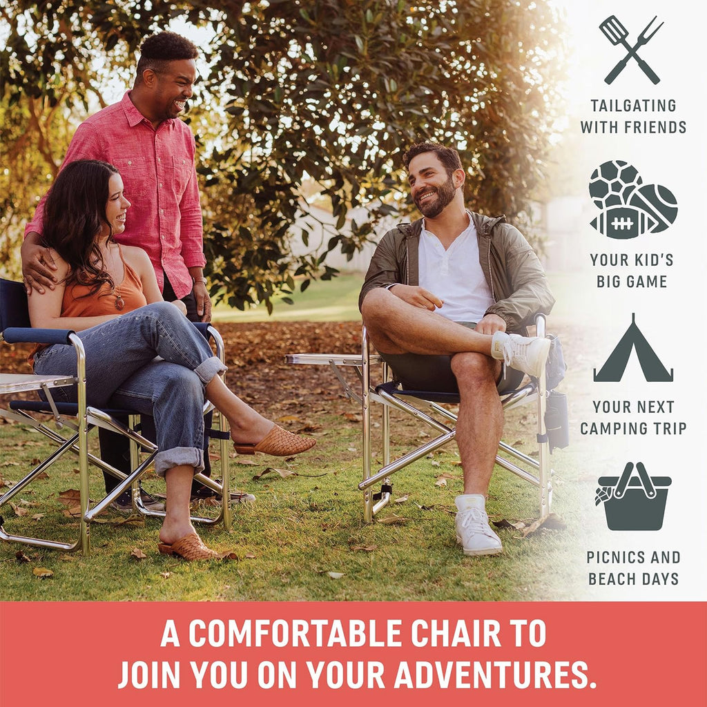 Sports Chair with Side Table and Armrest Caddy, Lightweight Aluminum Folding Outdoor Camping Chair for Adults, Portable Director Style Lawn Seating with Pockets & Carry Strap, (Red)