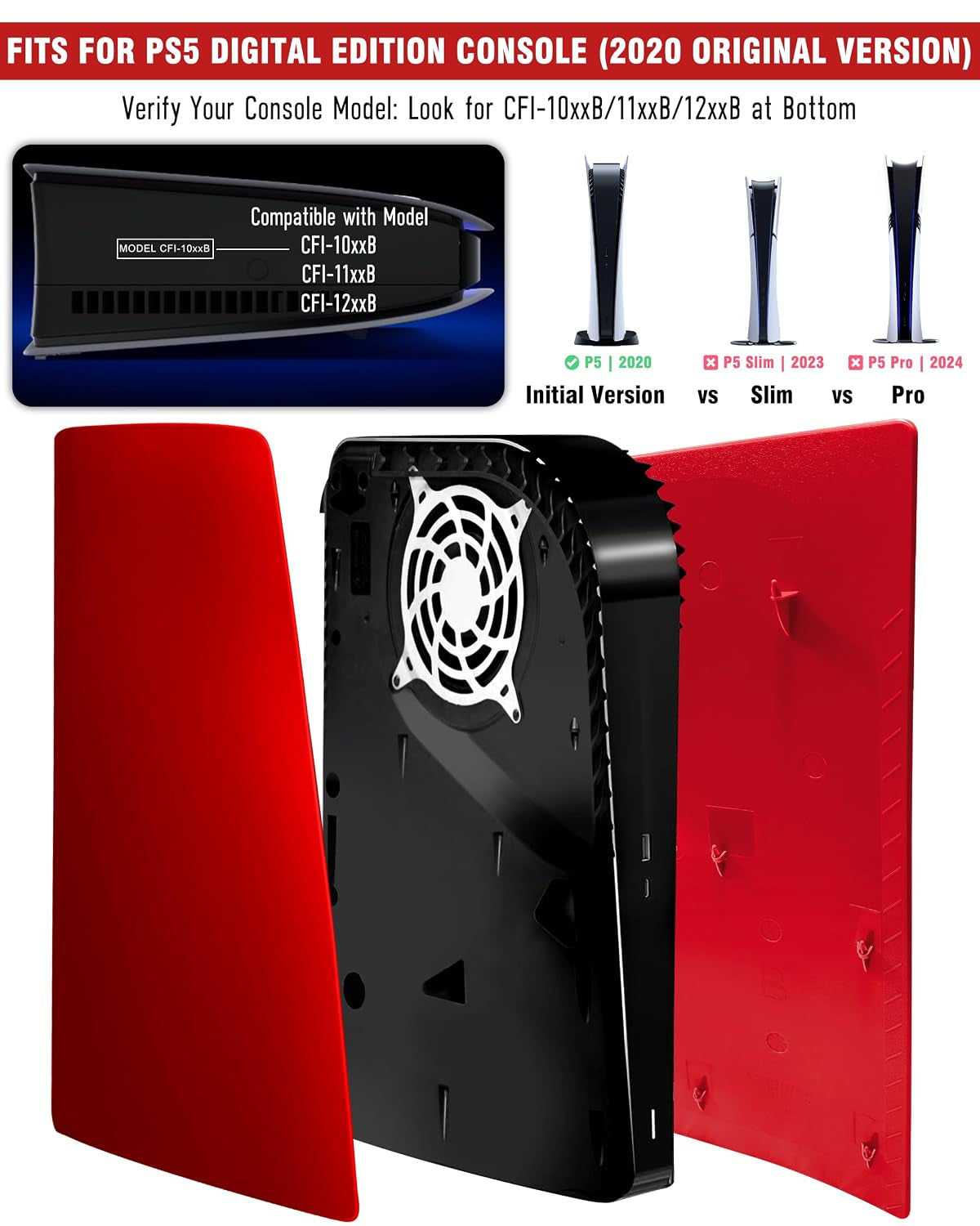 Faceplate for PS5 Digital Edition, Anti-Scratch Dustproof Plates Replacement Cover Skin Accessories Compatible with PS5 Console Digital Edition, Red, 2020 Standard Version