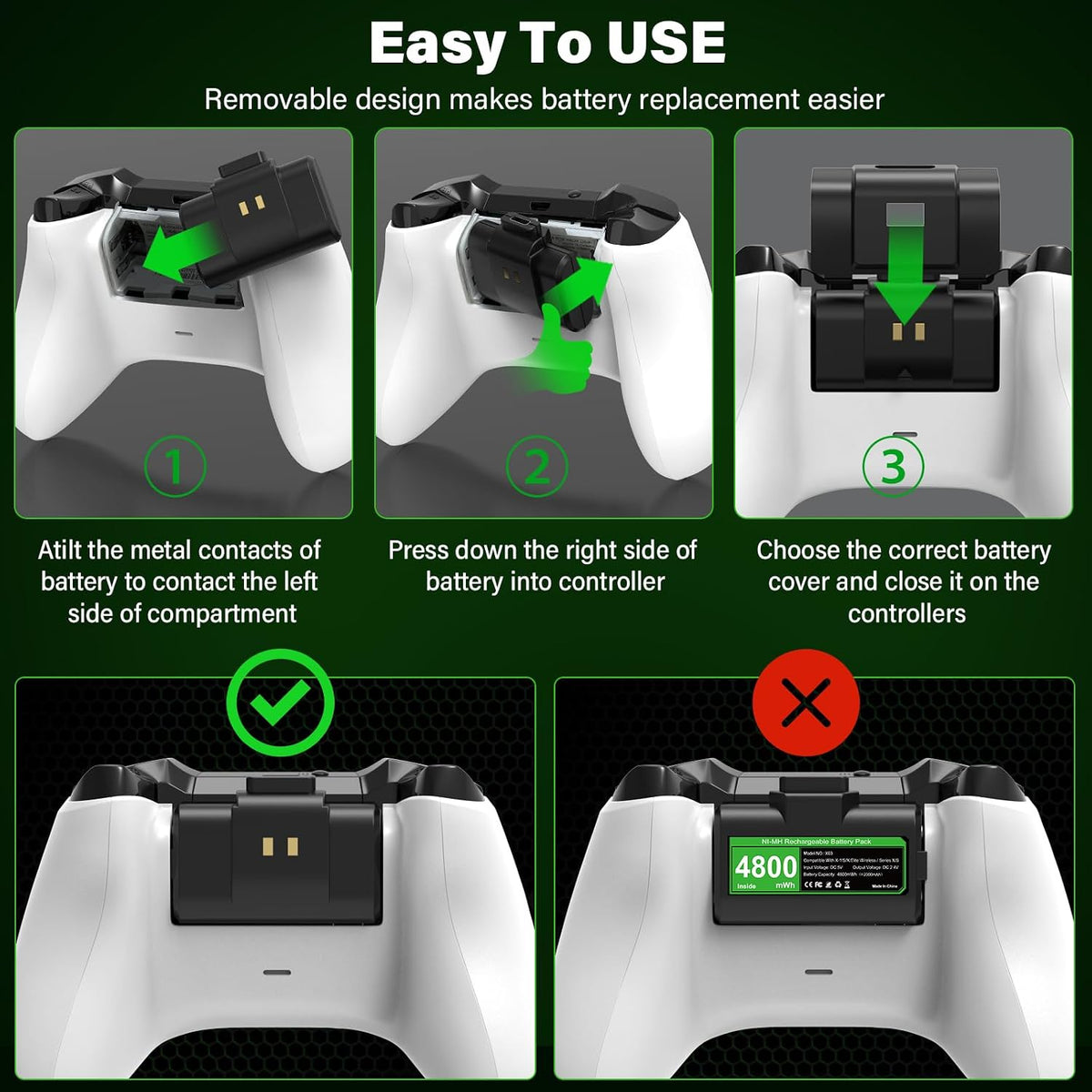 Rechargeable Controller Battery Pack for Xbox,2X4800Mwh(2000Mah) Batteries Pack with USB-C Charging Cable for Xbox Series S|X/X-Box One S/X/ Elite Remote Play and Charge Kit with 4 Cover(2 Pack)