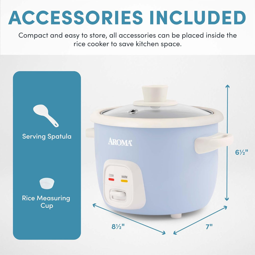 ® Mini Rice Cooker, 2-Cup (Uncooked) / 4-Cup (Cooked), Grain Cooker, Soup Maker, Oatmeal Cooker, Auto Keep Warm, 1 Qt, Blue, ARC-302NGBL
