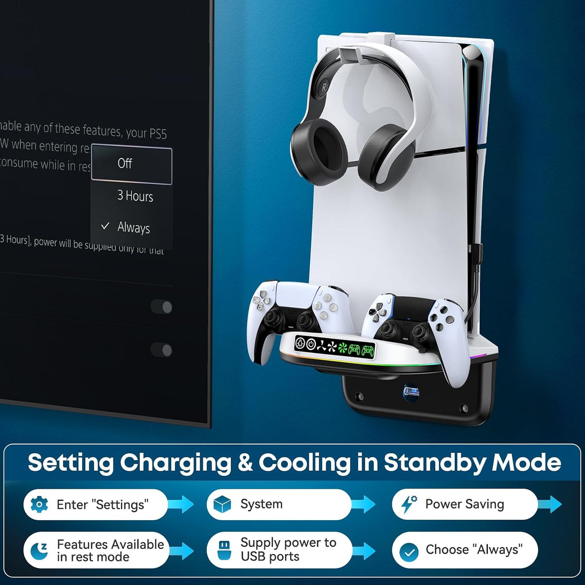 PS5 Wall Mount Kit with Cooling Fan and Charging Station Compatible with PS5/ Slim/Pro Disc and Digital, PS Five Floating Shelf with 9 RGB Lights, PS 5 Mount behind TV, Sony PSP Cables