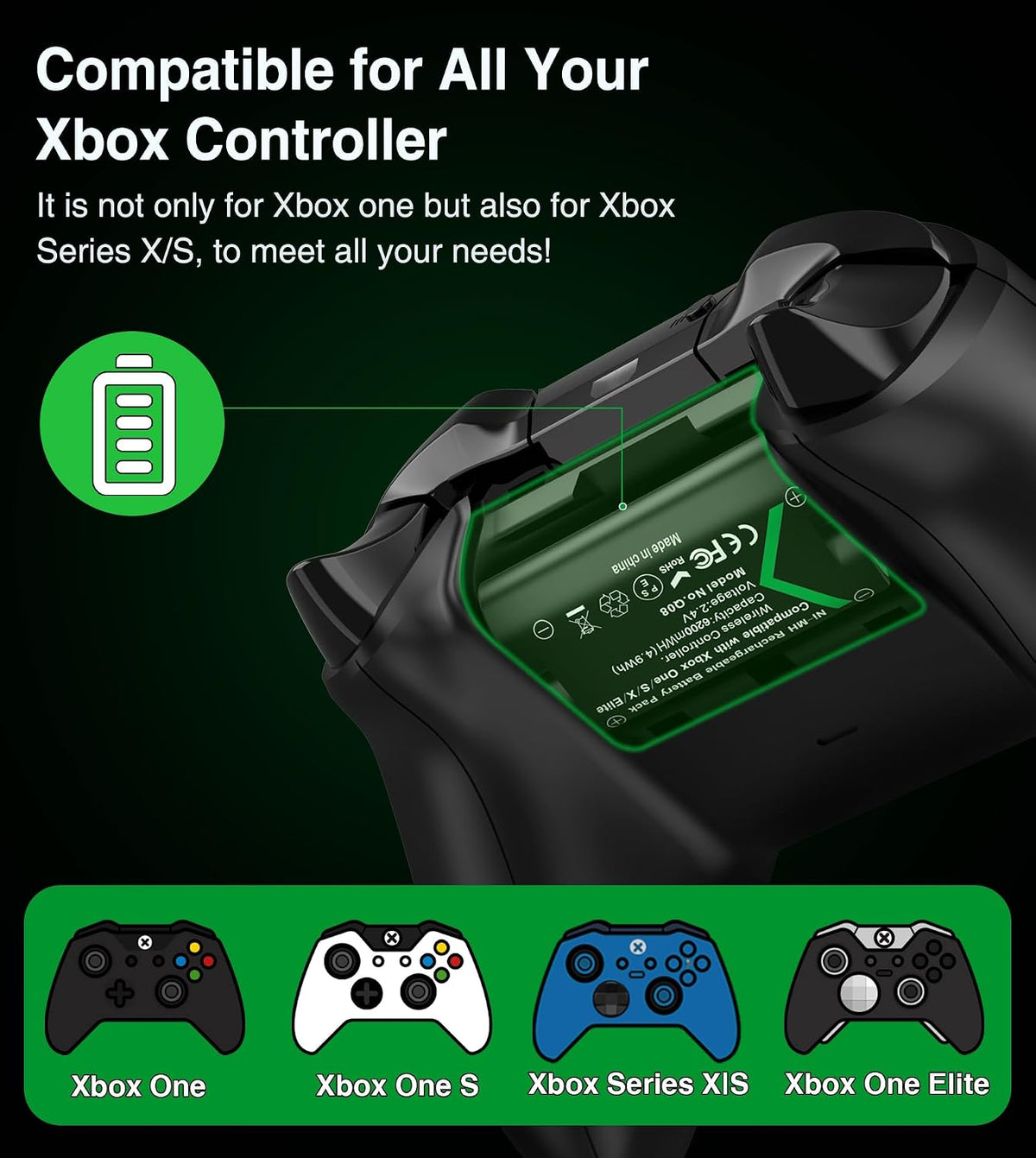for Xbox Controller Battery Pack, 2X6200Mwh Rechargeable Battery Pack for Xbox Series X|S/One/Elite Controllers – 30Hrs Playtime, Fast Charging & Overheat Protection