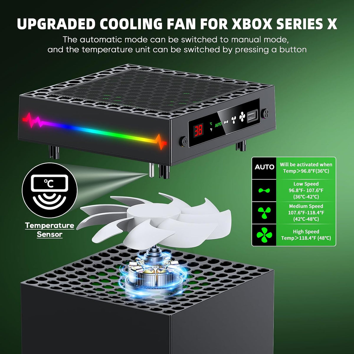 Auto Cooling Fan for Xbox Series X with LED Temperature Display&9 RGB Light