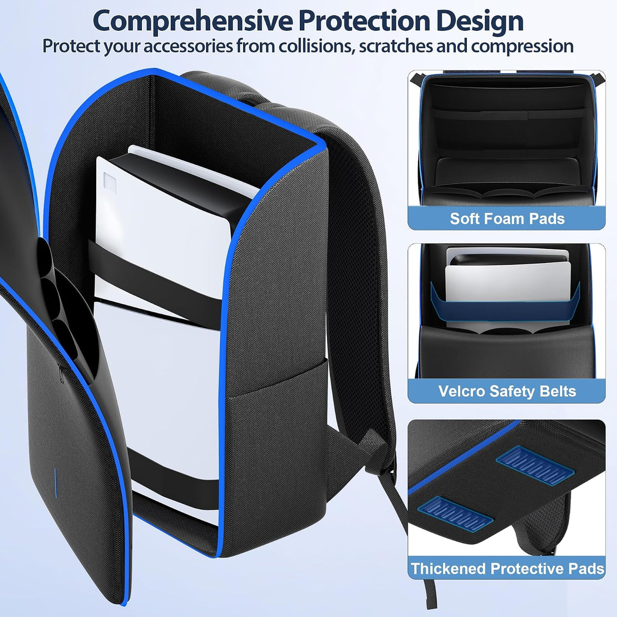 PS5/ Slim/ Pro Console Backpack, Full Protection Carrying Case, Large Capacity Storage Bag, Dual Controllers, PS Portal, Laptop, Game Cards, 3 Cable Pouch, Ocean Blue