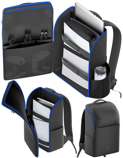 PS5/ Slim/ Pro Console Backpack, Full Protection Carrying Case, Large Capacity Storage Bag, Dual Controllers, PS Portal, Laptop, Game Cards, 3 Cable Pouch, Ocean Blue