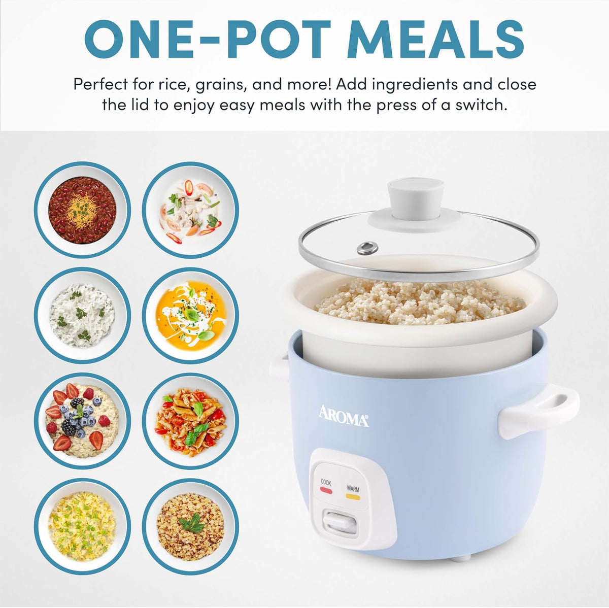 ® Mini Rice Cooker, 2-Cup (Uncooked) / 4-Cup (Cooked), Grain Cooker, Soup Maker, Oatmeal Cooker, Auto Keep Warm, 1 Qt, Blue, ARC-302NGBL