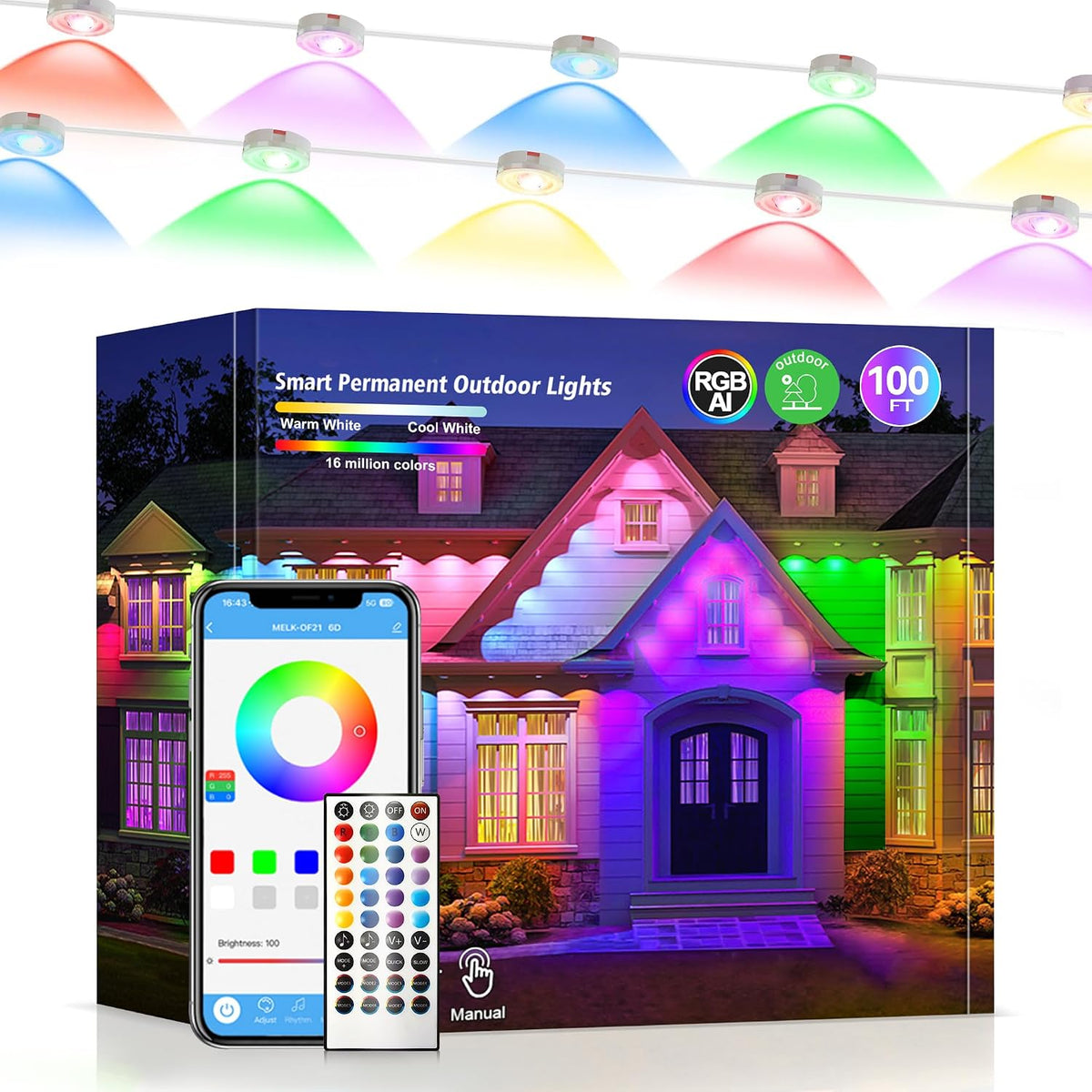 Permanent Outdoor Lights 100Ft RGB+IC Waterproof Outdoor String Lights,App/Voice Control,Lights for Christmas & Halloween,Holiday,Party