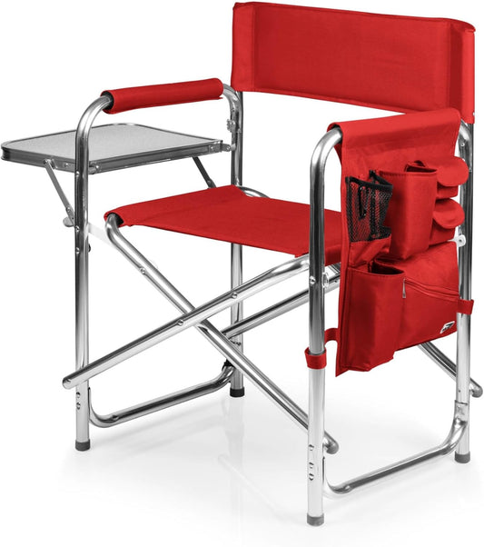 Sports Chair with Side Table and Armrest Caddy, Lightweight Aluminum Folding Outdoor Camping Chair for Adults, Portable Director Style Lawn Seating with Pockets & Carry Strap, (Red)
