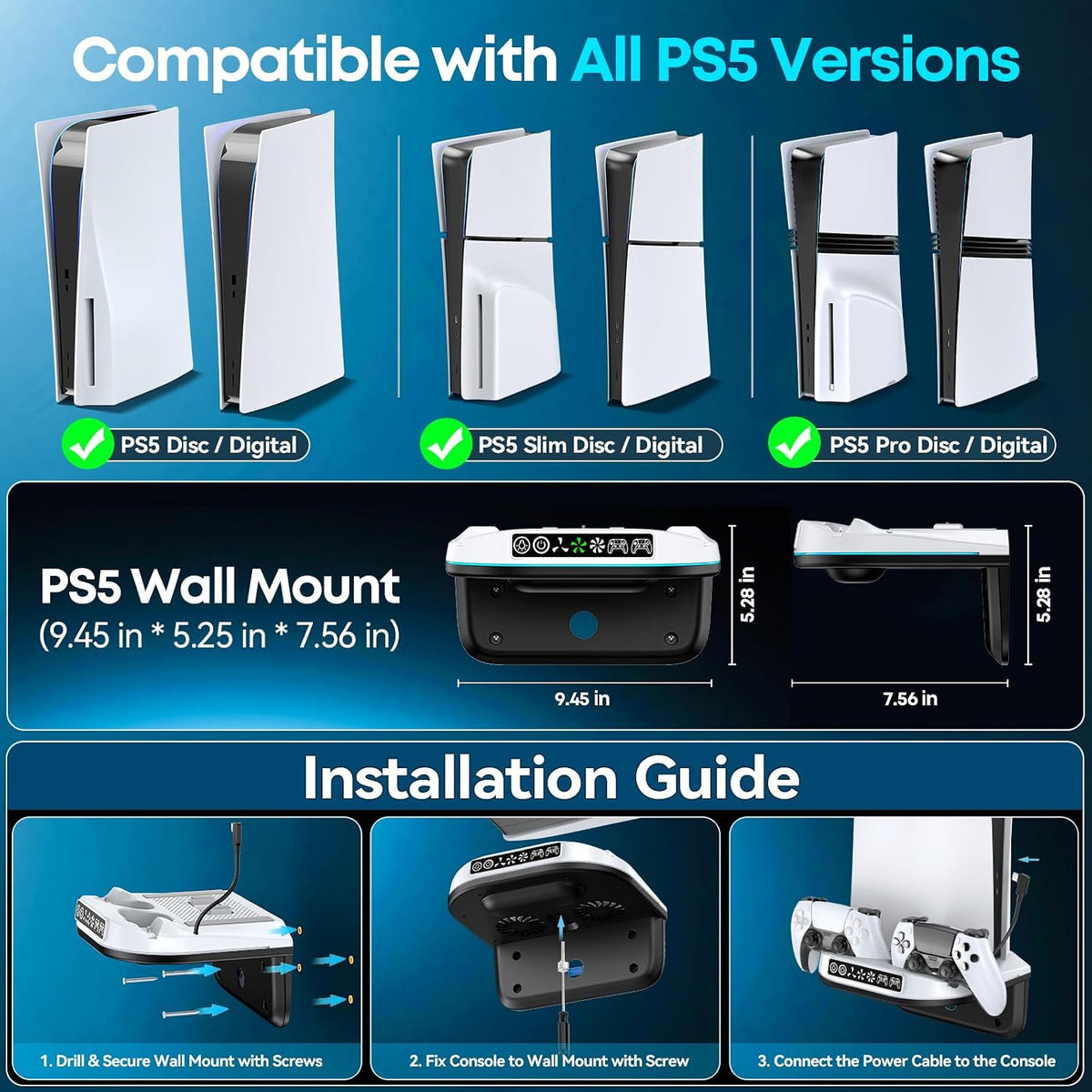 PS5 Wall Mount Kit with Cooling Fan and Charging Station Compatible with PS5/ Slim/Pro Disc and Digital, PS Five Floating Shelf with 9 RGB Lights, PS 5 Mount behind TV, Sony PSP Cables