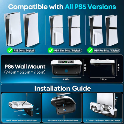 PS5 Wall Mount Kit with Cooling Fan and Charging Station Compatible with PS5/ Slim/Pro Disc and Digital, PS Five Floating Shelf with 9 RGB Lights, PS 5 Mount behind TV, Sony PSP Cables