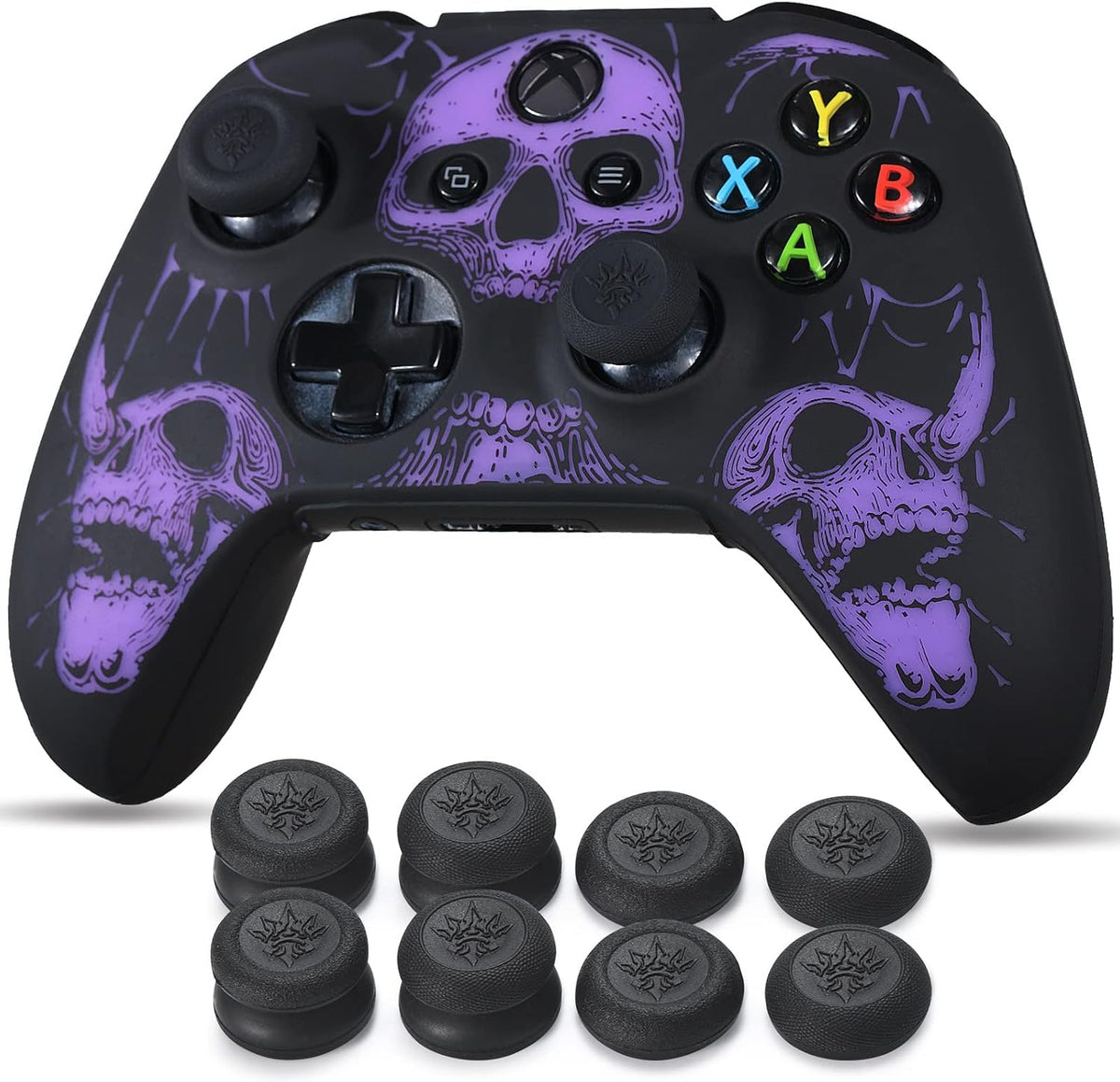 Laser Carving Silicone Skin for Xbox One S/X Controller X 1(Skulls Purple) with Exclusive Thumb Grips X 8