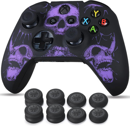 Laser Carving Silicone Skin for Xbox One S/X Controller X 1(Skulls Purple) with Exclusive Thumb Grips X 8
