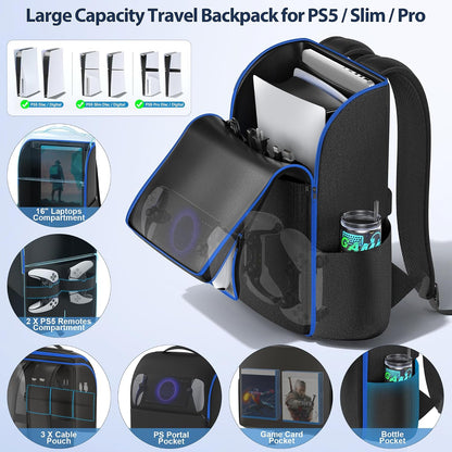 PS5/ Slim/ Pro Console Backpack, Full Protection Carrying Case, Large Capacity Storage Bag, Dual Controllers, PS Portal, Laptop, Game Cards, 3 Cable Pouch, Ocean Blue