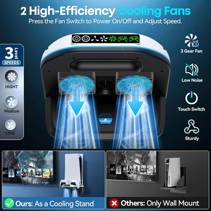PS5 Wall Mount Kit with Cooling Fan and Charging Station Compatible with PS5/ Slim/Pro Disc and Digital, PS Five Floating Shelf with 9 RGB Lights, PS 5 Mount behind TV, Sony PSP Cables