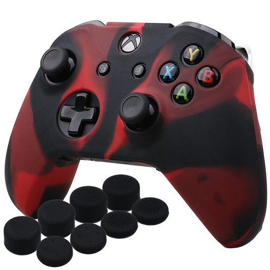 Silicone Cover Skin Case for Microsoft Xbox One X & Xbox One S Controller X 1(Red Black) with Pro Thumb Grips 8 Pieces