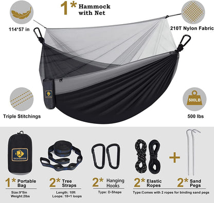 Camping Hammock with Net,Portable Lightweight Double Hammocks with Tree Straps and Solid D-Shape Hanging Hooks,Parachute Nylon Hammock for Backpacking Beach Backyard Patio Hiking