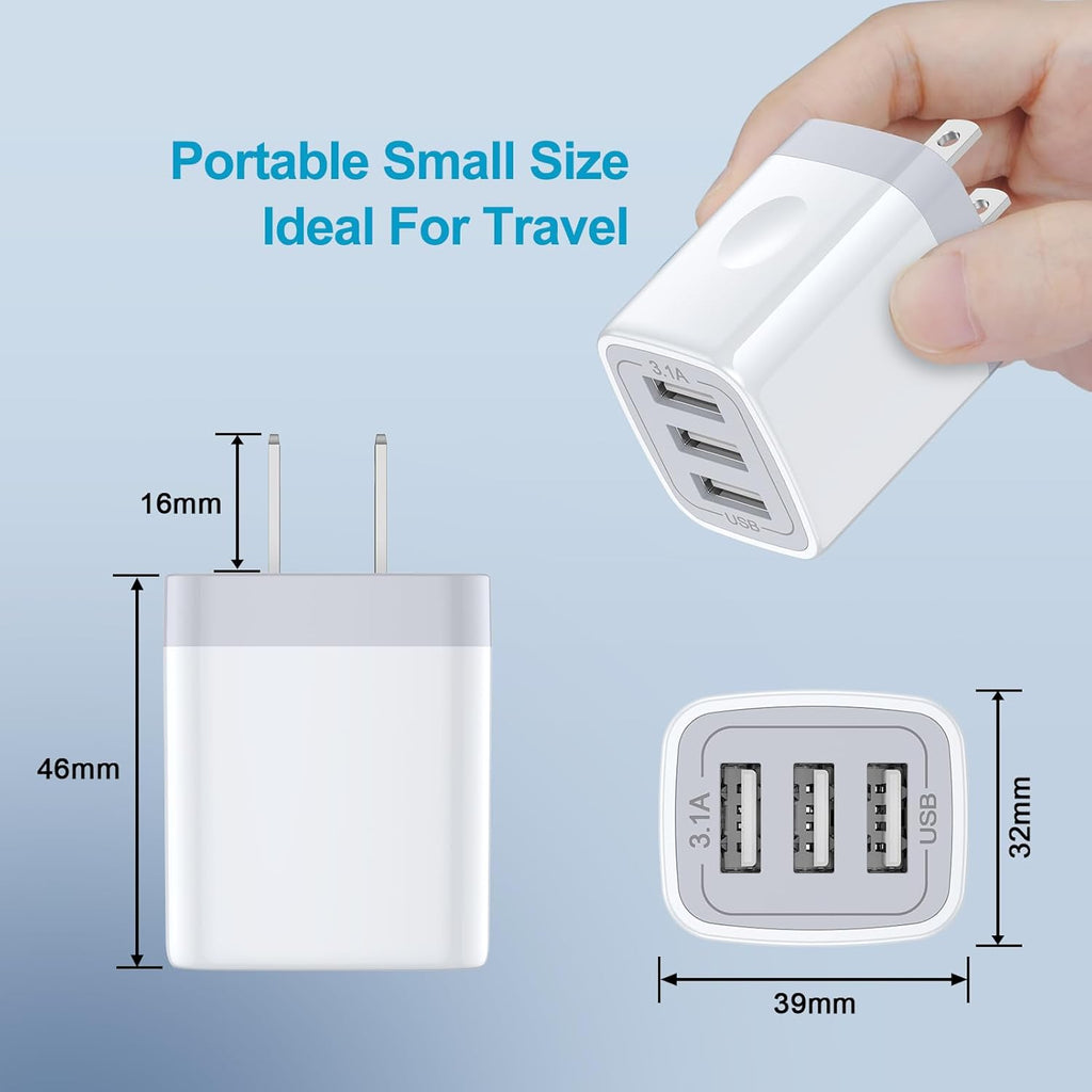 USB Wall Charger, Wall Plug 3-Port USB Charging Block 3.1A Power Adapter
