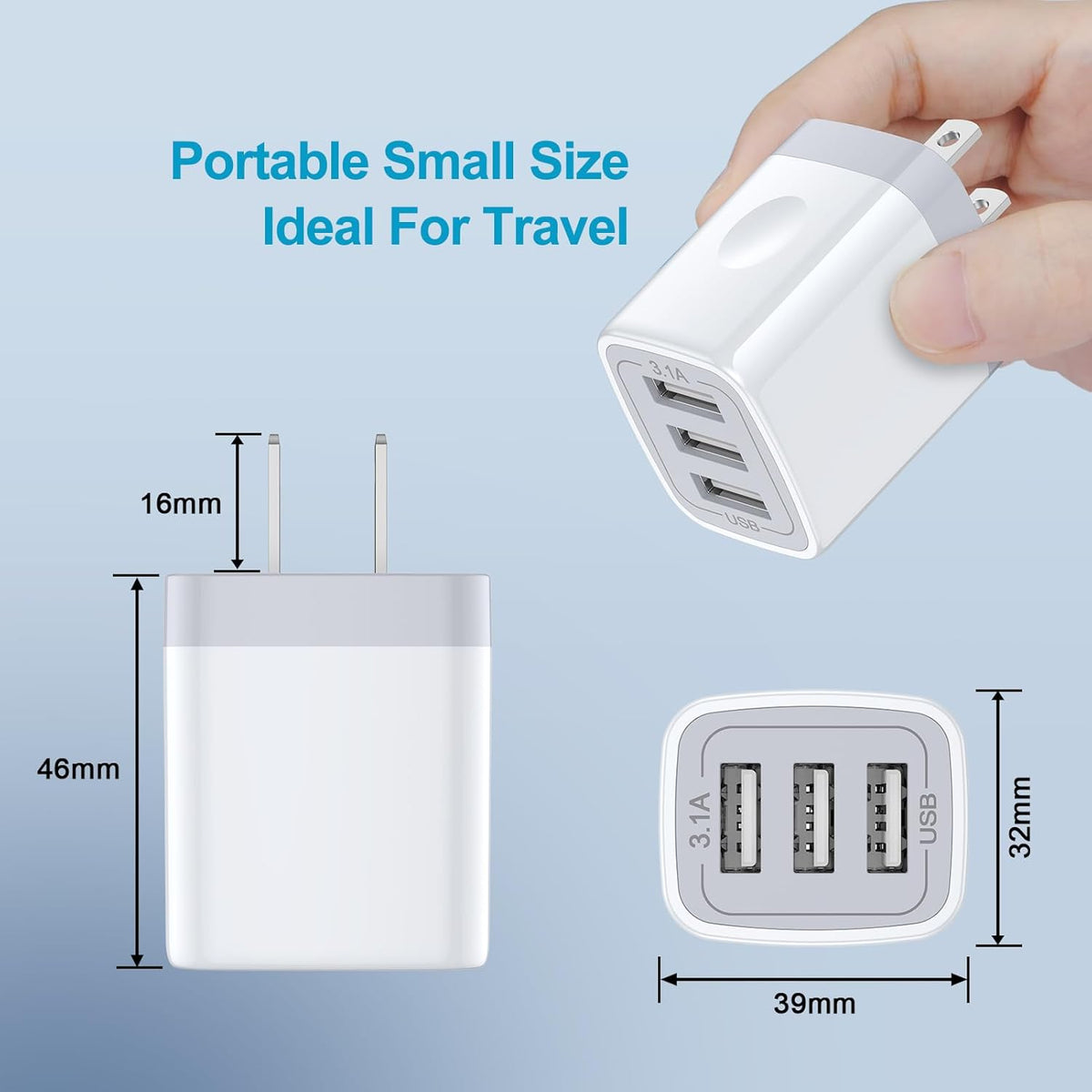 USB Wall Charger, Wall Plug 3-Port USB Charging Block 3.1A Power Adapter