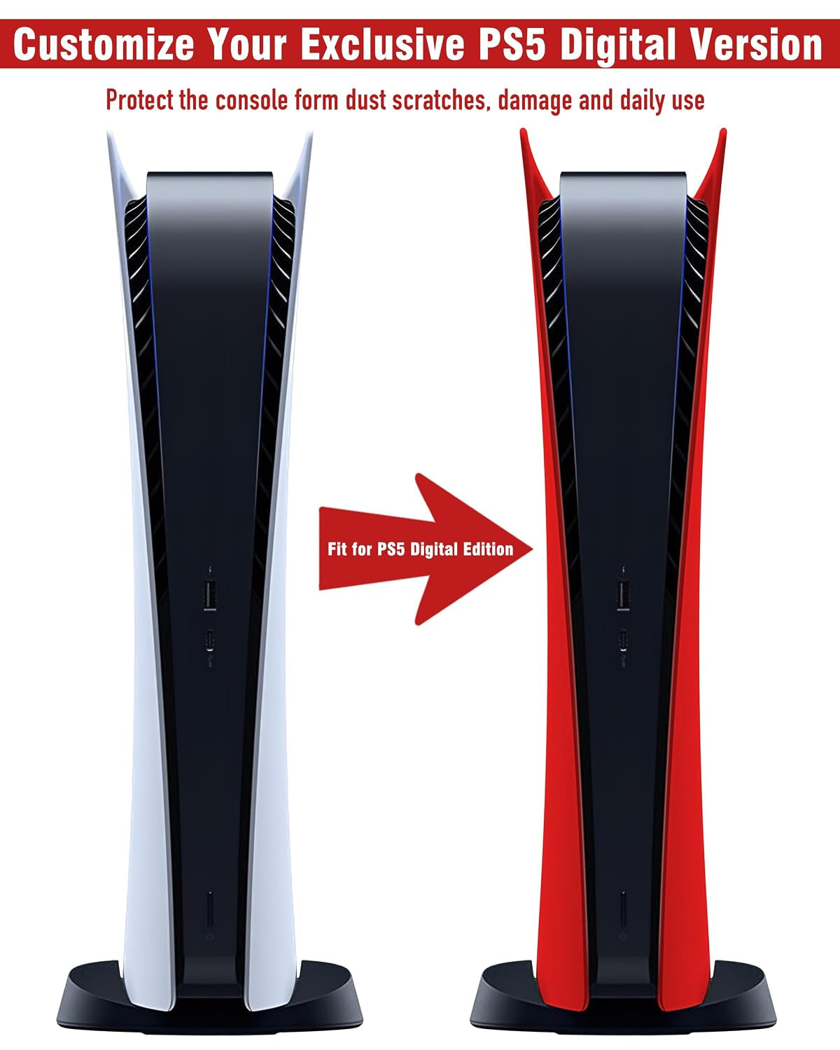Faceplate for PS5 Digital Edition, Anti-Scratch Dustproof Plates Replacement Cover Skin Accessories Compatible with PS5 Console Digital Edition, Red, 2020 Standard Version
