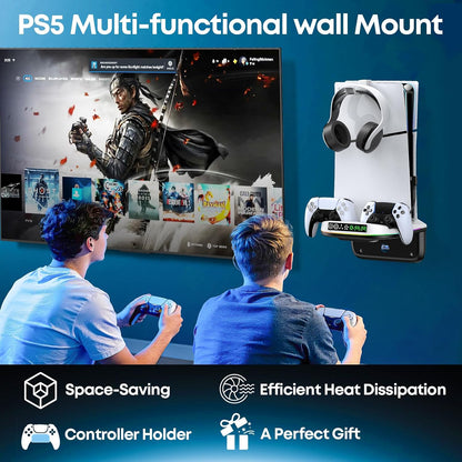 PS5 Wall Mount Kit with Cooling Fan and Charging Station Compatible with PS5/ Slim/Pro Disc and Digital, PS Five Floating Shelf with 9 RGB Lights, PS 5 Mount behind TV, Sony PSP Cables