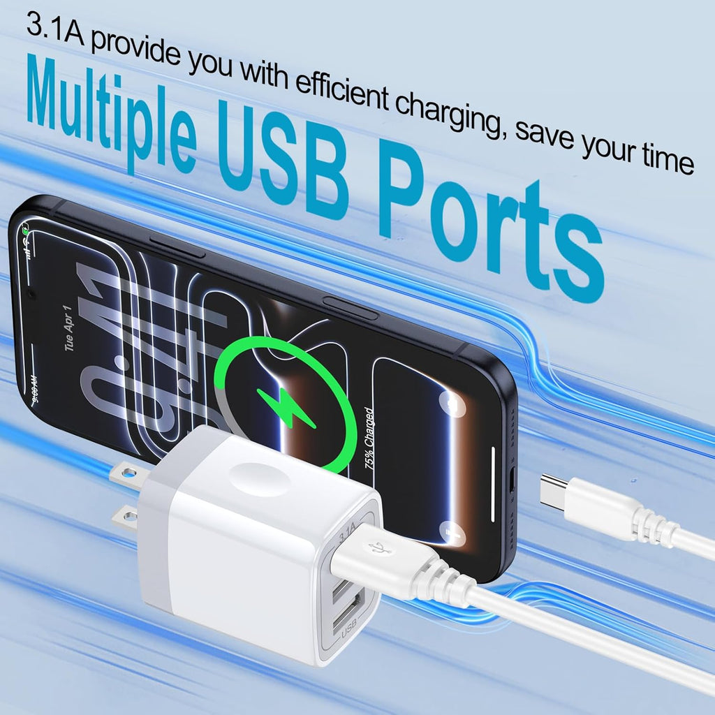 USB Wall Charger, Wall Plug 3-Port USB Charging Block 3.1A Power Adapter