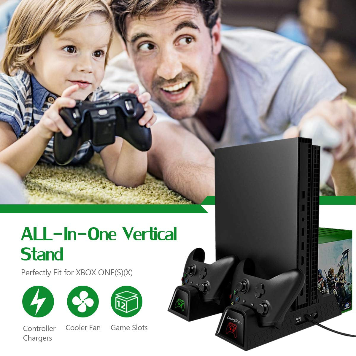Cooling Stand for Xbox One/One S/One X,  Vertical Charging Station with 2 Pack 600Mah Batteries, Games Storage, Dual Controller Charging Station