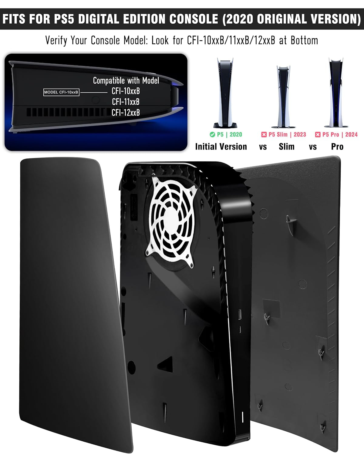 Faceplate for PS5 Digital Edition, Anti-Scratch Dustproof Plates Replacement Cover Skin Accessories Compatible with PS5 Console Digital Edition, Black, 2020 Launch Version