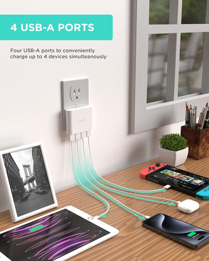 Slim 4-Port USB Wall Charger, Flat Multiport Travel Plug Adapter