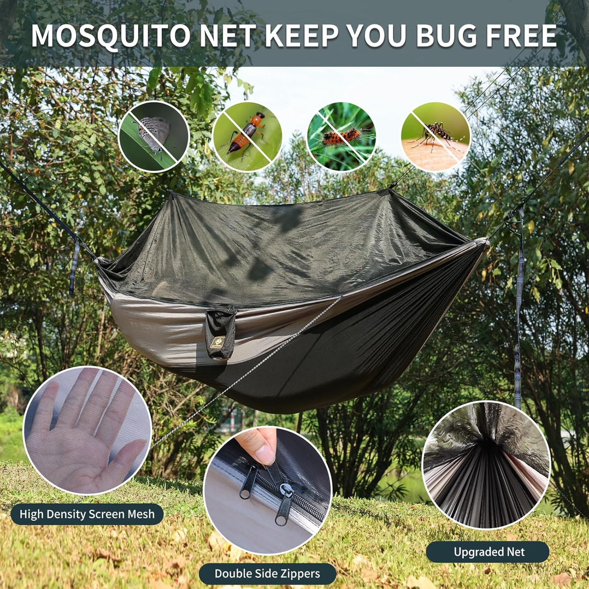 Camping Hammock with Net,Portable Lightweight Double Hammocks with Tree Straps and Solid D-Shape Hanging Hooks,Parachute Nylon Hammock for Backpacking Beach Backyard Patio Hiking