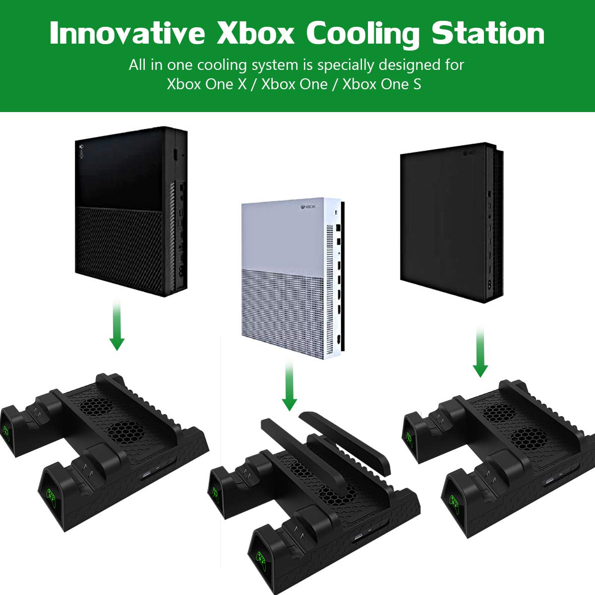 Cooling Stand for Xbox One/One S/One X,  Vertical Charging Station with 2 Pack 600Mah Batteries, Games Storage, Dual Controller Charging Station