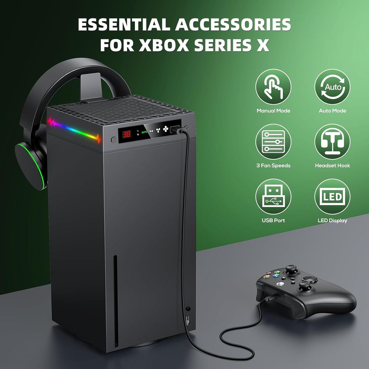 Auto Cooling Fan for Xbox Series X with LED Temperature Display&9 RGB Light