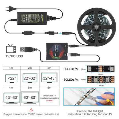 1/2/3/4/5M Ambient Android TV Backlight Dream Screen HDTV Computer Monitor USB LED Strip Addressable Ws2812B LED Strip Full Set