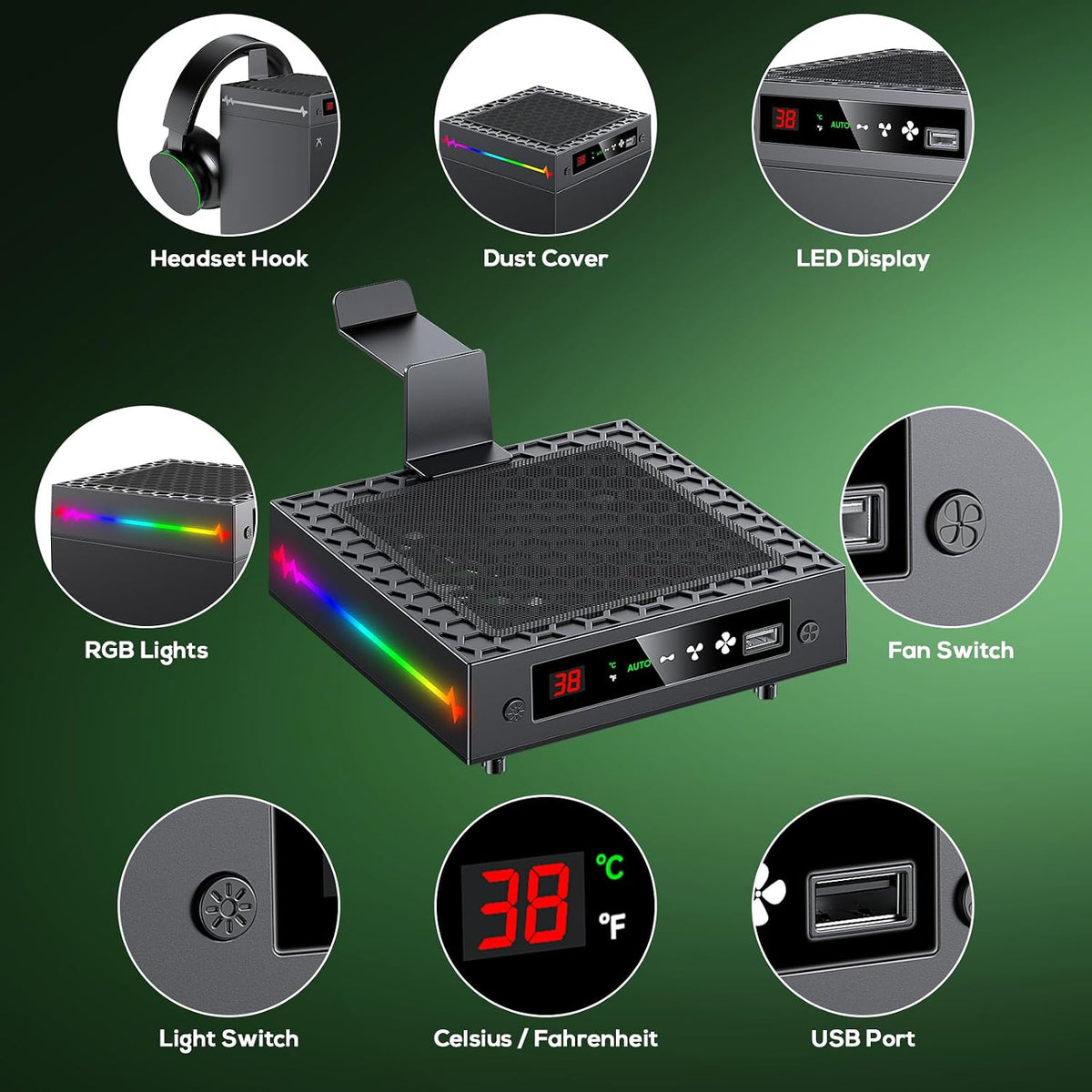 Auto Cooling Fan for Xbox Series X with LED Temperature Display&9 RGB Light