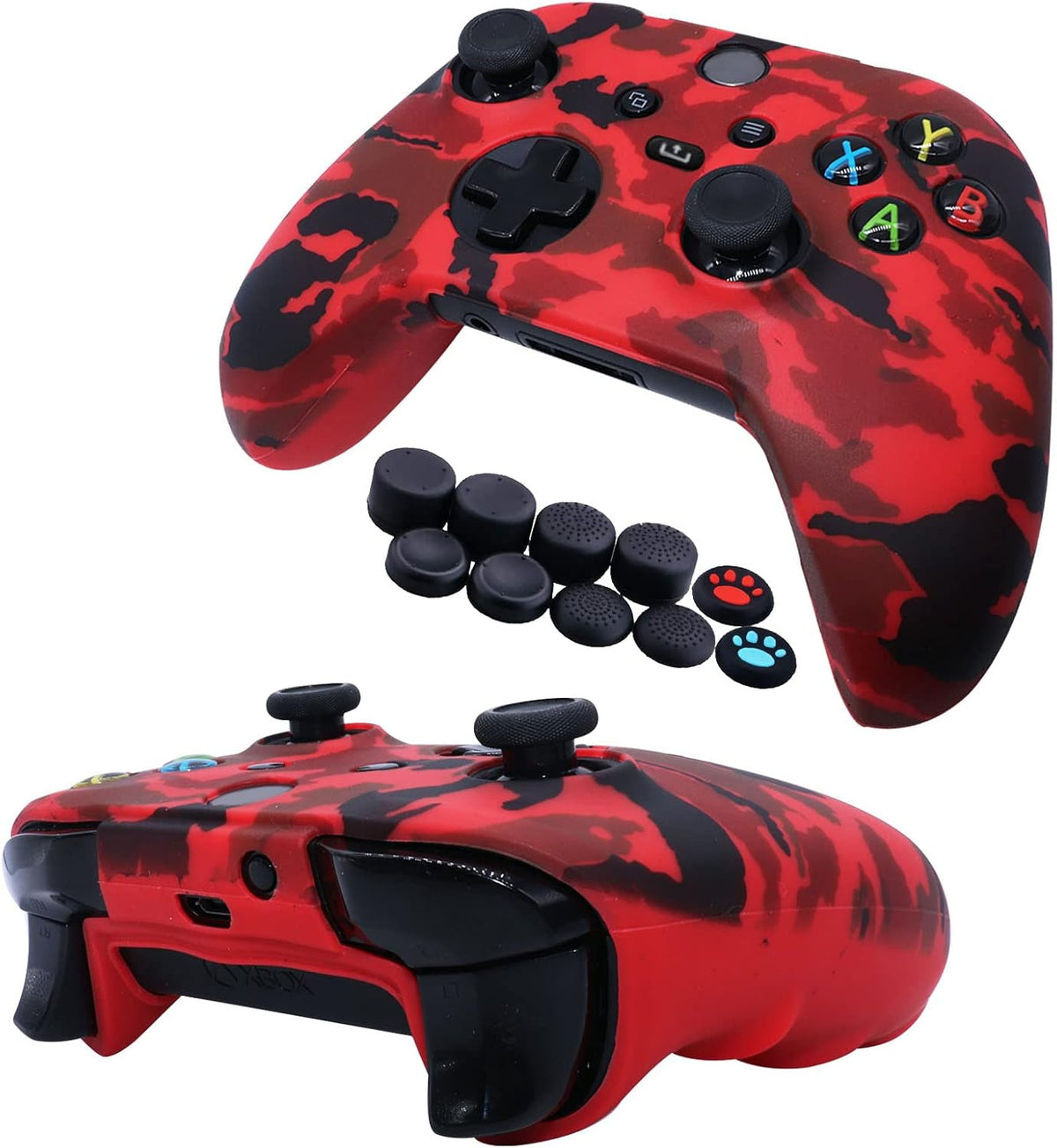[2 Pack]  Compatible with Xbox Series X/S Controller Soft Silicone Cover Skin, Sweat-Proof Dust-Proof Anti-Slip Case Cover Protective Accessories Set, with 10 Thumb Grips (Red+Blue)