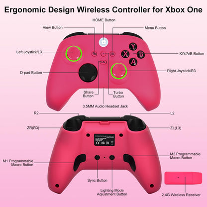 Xbox One Controller, RGB LED Light 2.4Ghz Wireless Controller Compatible with Xbox One X/S Xbox Series X/S with 3.5Mm Audio Headphone Jack & 800Mah Rechargeable Built-In Battery, Deep Pink