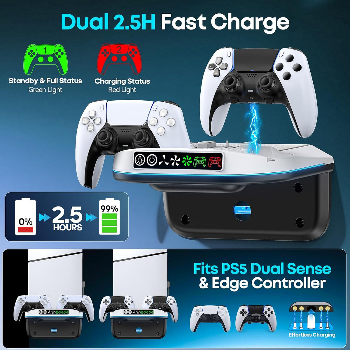 PS5 Wall Mount Kit with Cooling Fan and Charging Station Compatible with PS5/ Slim/Pro Disc and Digital, PS Five Floating Shelf with 9 RGB Lights, PS 5 Mount behind TV, Sony PSP Cables