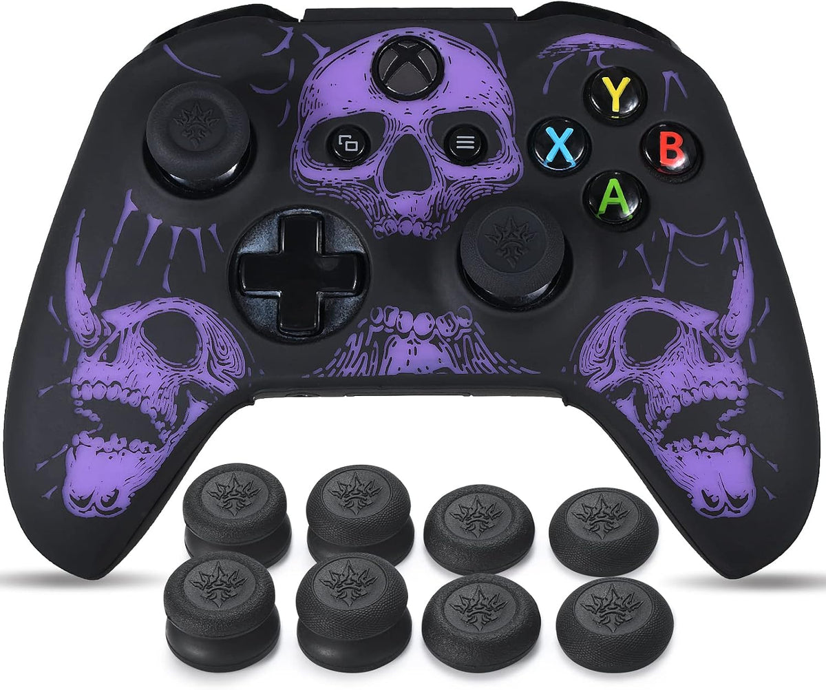 Laser Carving Silicone Skin for Xbox One S/X Controller X 1(Skulls Purple) with Exclusive Thumb Grips X 8