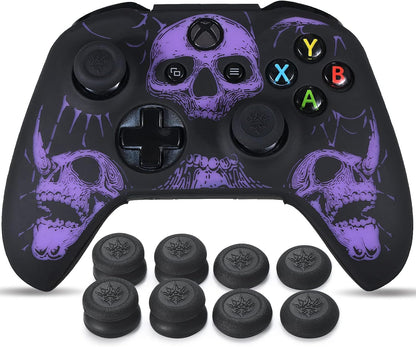 Laser Carving Silicone Skin for Xbox One S/X Controller X 1(Skulls Purple) with Exclusive Thumb Grips X 8
