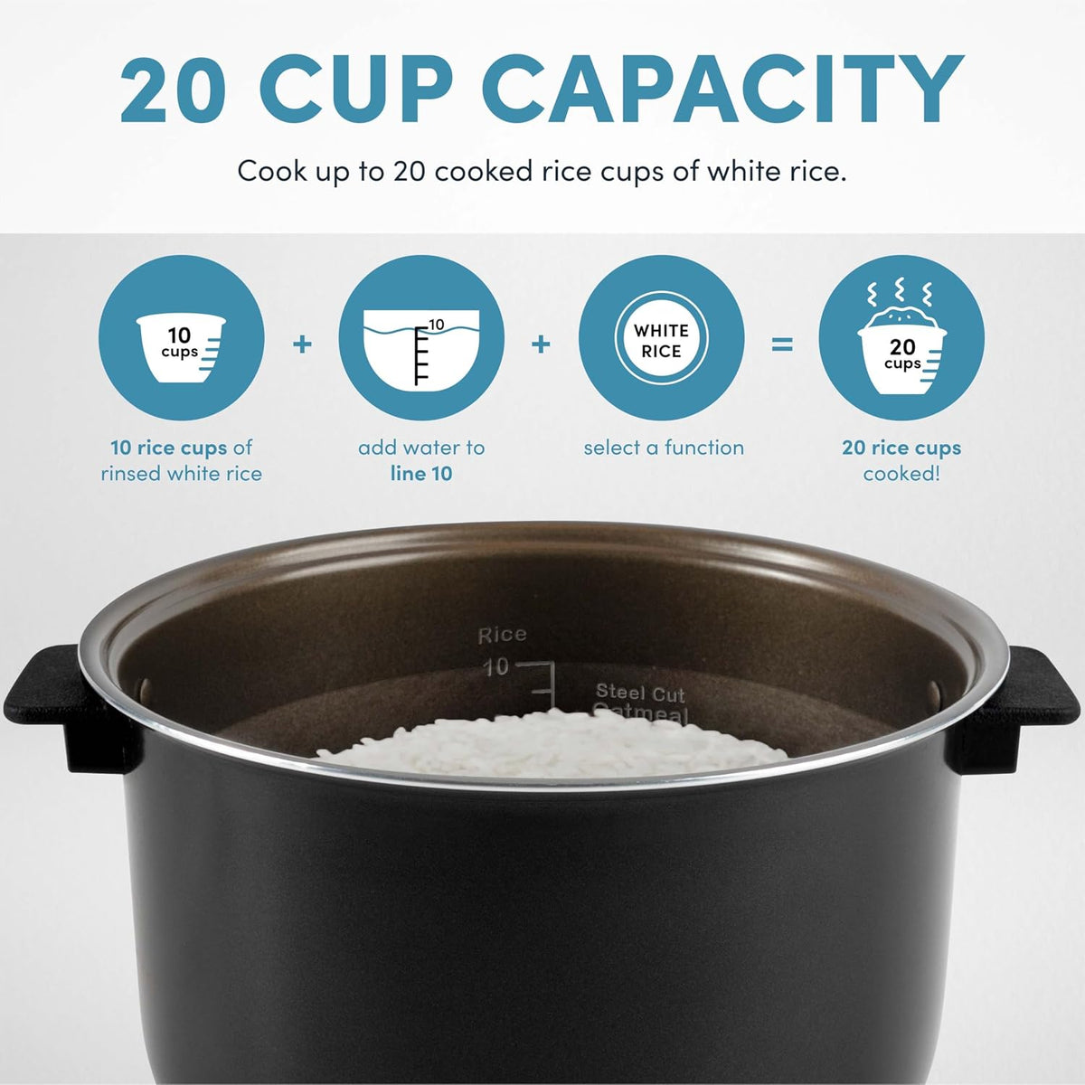 ® 20-Cup Slow Cook Rice Cooker and Brown Rice Cooker with Lift-Out Pot Handles and Silicone Storage Lid — Pfas-Free Corecoat™ Ceramic