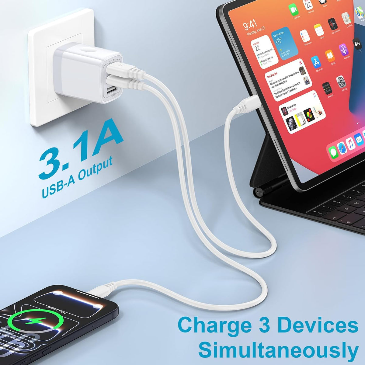 USB Wall Charger, Wall Plug 3-Port USB Charging Block 3.1A Power Adapter