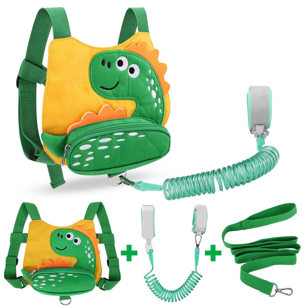 Toddler Harness Leash with anti Lost Wrist Link, Cute Dinosaur Kids Harnesses with Wristband Bracelet Leashes Strap Tether for Baby Boys Walking (Yellow)
