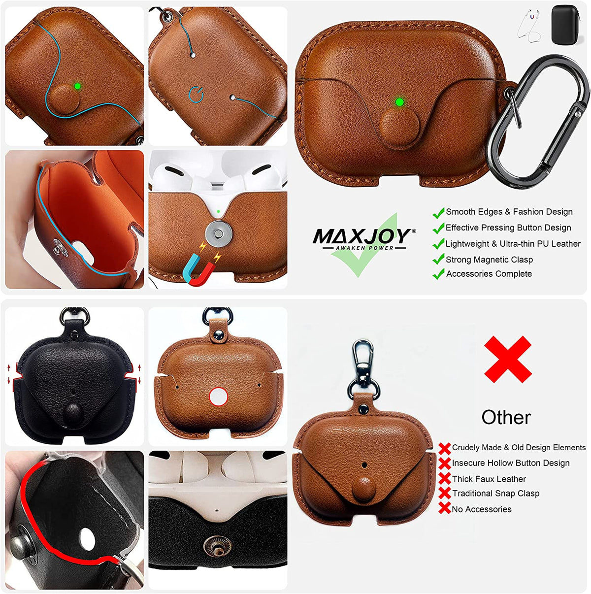 for Airpods Pro 1St/2Nd Case Leather with Keychain, Brown