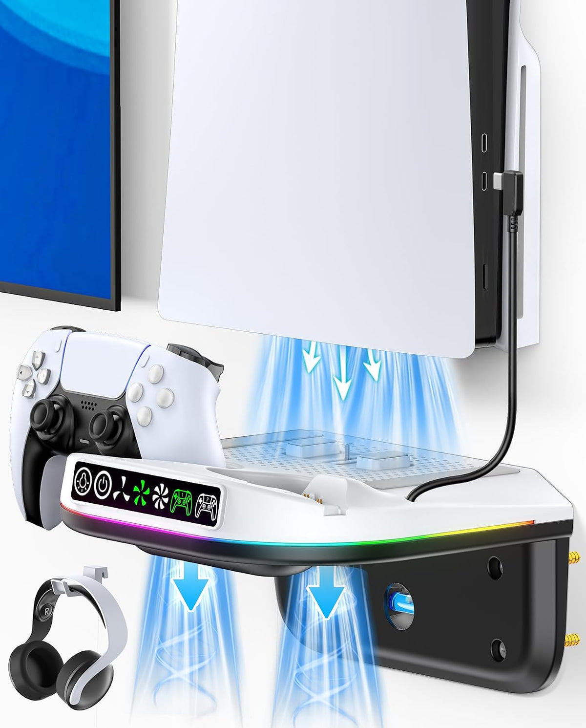 PS5 Wall Mount Kit with Cooling Fan and Charging Station Compatible with PS5/ Slim/Pro Disc and Digital, PS Five Floating Shelf with 9 RGB Lights, PS 5 Mount behind TV, Sony PSP Cables
